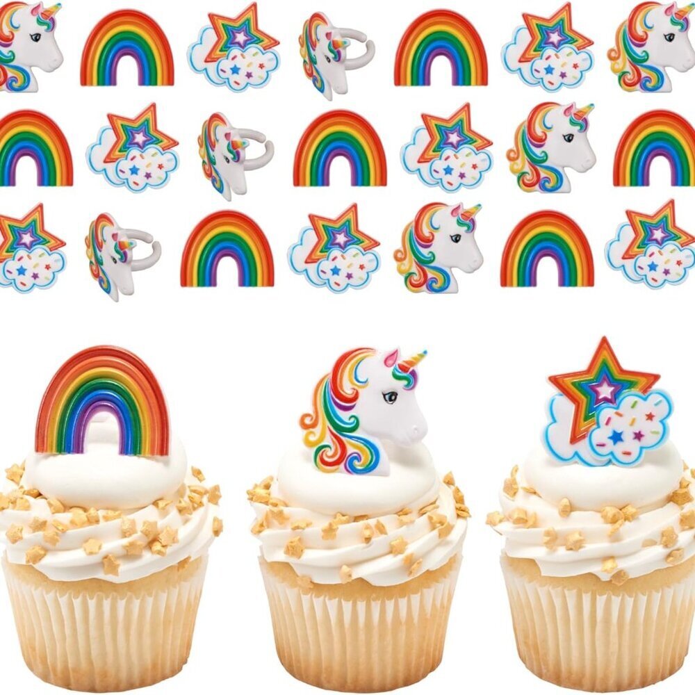Rainbow Unicorn Rings, Cupcake Decorations, Magical Food Safe Cake Toppers, Mult